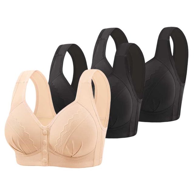 Women's 3PC Adjustable Support Bra with Lace Embroidered Design, Wireless Full Coverage Comfort Bra for Older Women, Front Closure Supportive Underwear for Daily Wear and Post Surgery Recovery Black