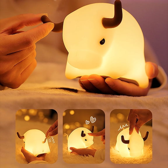 Tarmeek LED Silicone Night Light, Dimmable Sensor Activated USB Rechargeable Bedside Lamp with Eye Care Cute Cow Design for Bedroom Decor