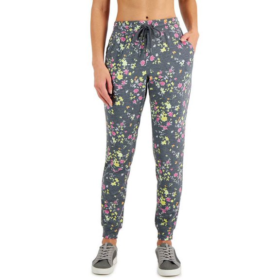 ID Ideology Women's Floral Print Pansy Slim Fit Drawstring Jogging Pants Gray Size XX-Large