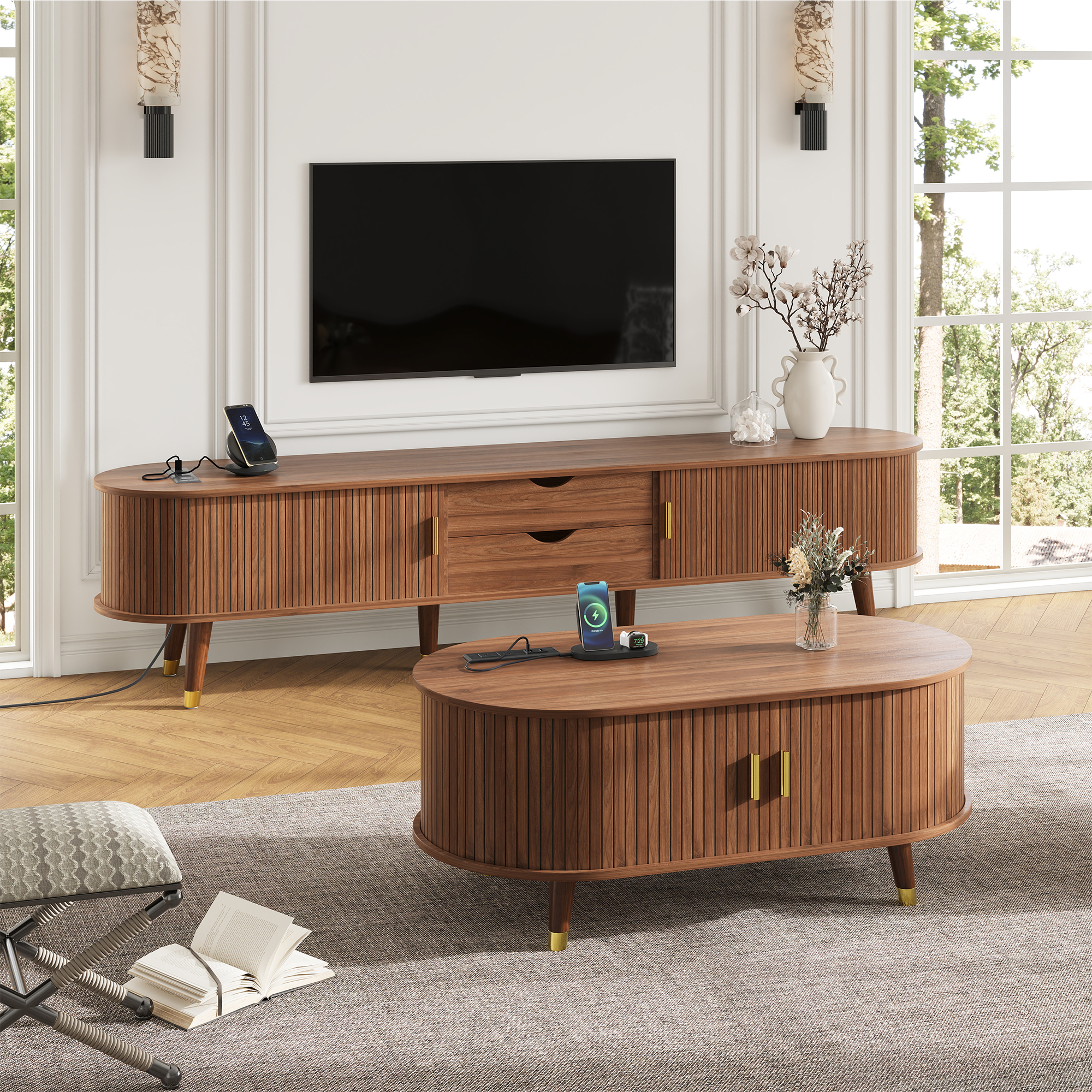 Euroco Mid-Century Modern Living Room Set with Coffee Table & TV Stand for TVs up to 80", Fluted Tambour Sliding Doors, Charging Stations with USB & AC Outlets, Solid Wood Legs，Walnut