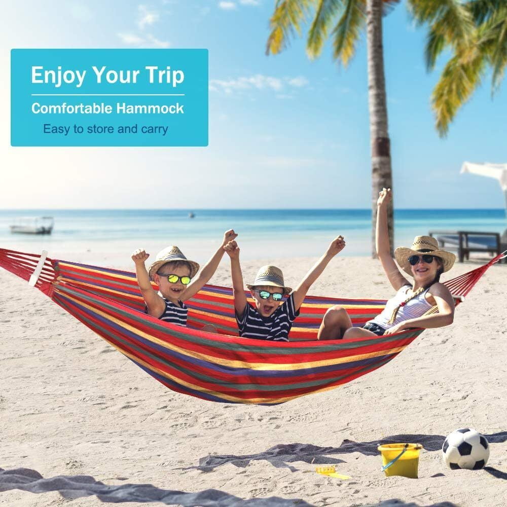 Garden Cotton Hammock Comfortable Fabric Hammock with Spreader Bar Sturdy Hammock Up to 450lbs Portable Lightweight Hammock with Travel Bag for Camping Outdoor/Indoor Patio Backyard