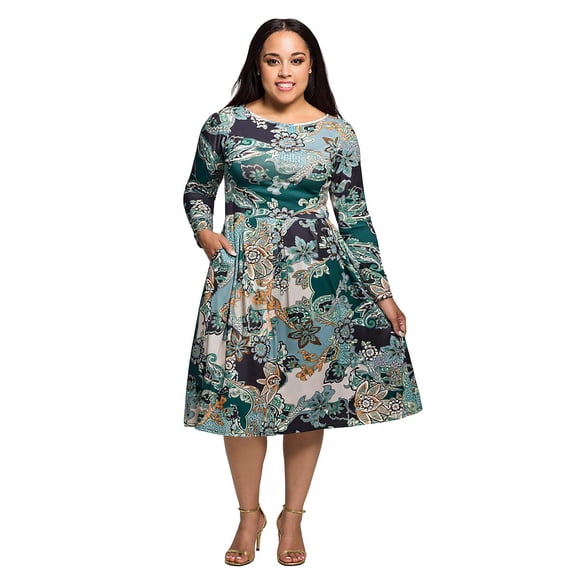 Plus Size Paisley Pleated Fit N Flare Midi Dress