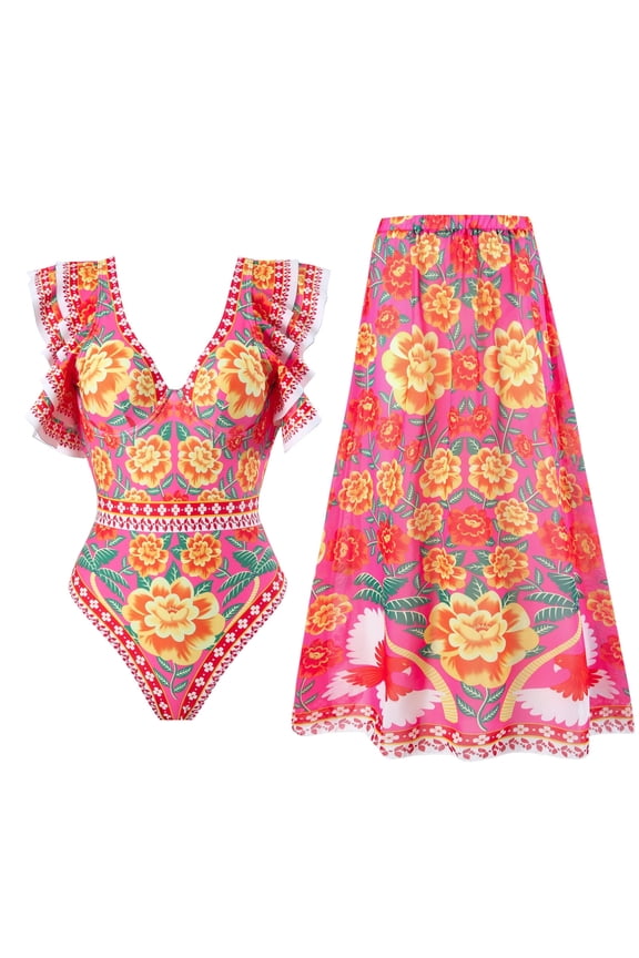 Womens One Piece Swimsuit Print Swim Suits Beach Cover Ups Swimwear Bikini Lace Up Swimsuit Long Skirt Chiffon 2 Pcs Set Sleeveless Bathing Suits Red