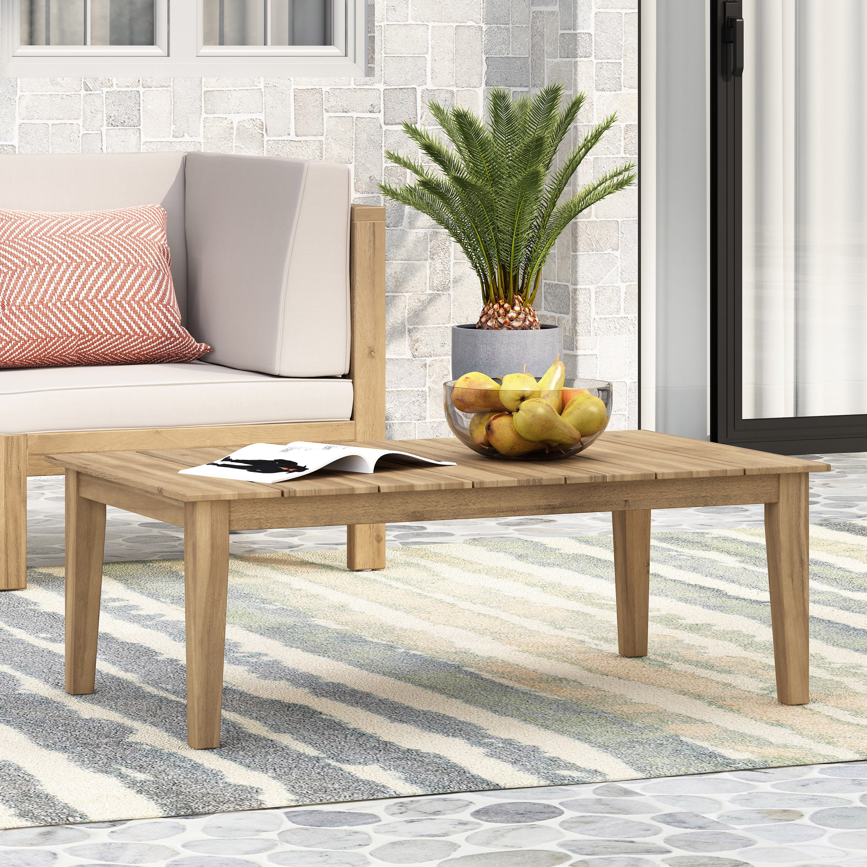 Outdoor Coffee Table, Acacia Wood Slatted Structure for Patio Garden, Light Brown