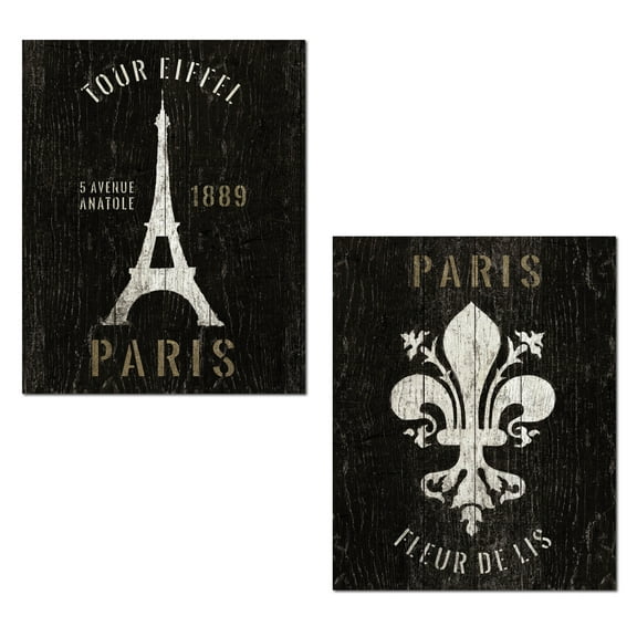 Rustic Black and White Paris Eiffel Tower and Fleur De Lis Adult Decor; 2 - 11" x 14" Unframed Posters
