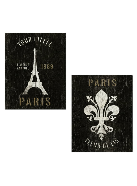Rustic Black and White Paris Eiffel Tower and Fleur De Lis Adult Decor; 2 - 11" x 14" Unframed Posters