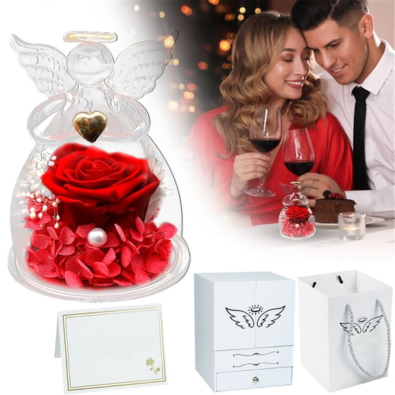 Gifts for Mom Birthday, Glass Angel With Real Preserved Rose Inside, Valentine's Day/Mother's Day Gift, Red Forever Flowers Gift for Grandma Wife Girlfriend