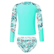 iEFiEL Girls Printed Swimwear Rashguard Set Long Sleeve Swim Tops with Briefs Swimsuit Outfit Bathing Suit Leaf&Green 10