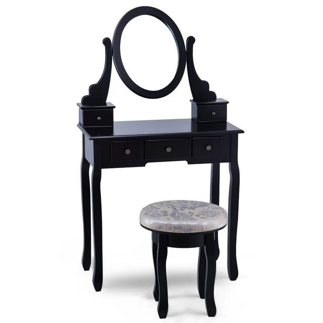 Giantex Vanity Set, Makeup Dressing Table Set with 360° Rotating Mirror with 5 Drawers, Dresser Soft Cushioned Stool for Comfortable Sitting, Solid Wood Legs for Strong Construction, Black