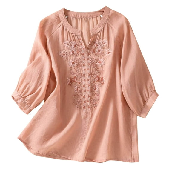 Perfectbot Cotton Linen Shirts for Women Short Sleeve Boho Retro Tops Loose Embroidered Blouse