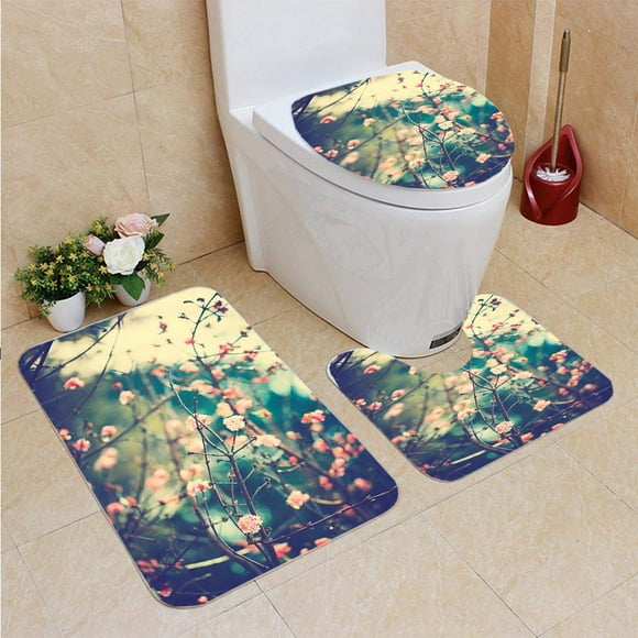 EREHome Little Viburnum in Winter 3 Piece Bathroom Rugs Set Bath Rug Contour Mat and Toilet Lid Cover