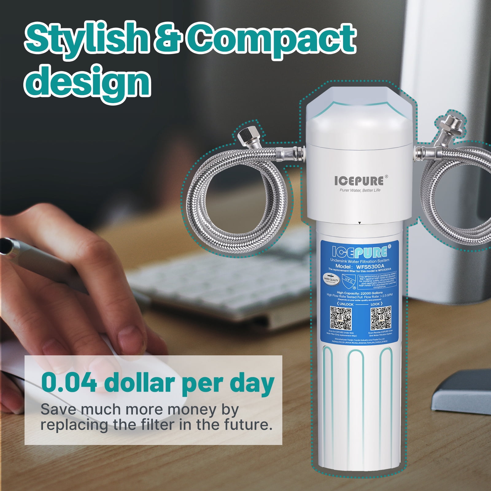 ICEPURE WFS5300A Under-Sink Water Filtration System, Direct Connect Under Counter Water Filtration System 1PACK