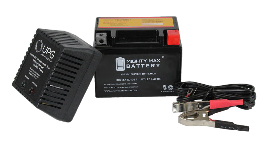 YTX4L-BS 12V 3AH Battery Replaces Scooter CG50 Riva +12V 1Amp Charger by Mighty Max Battery