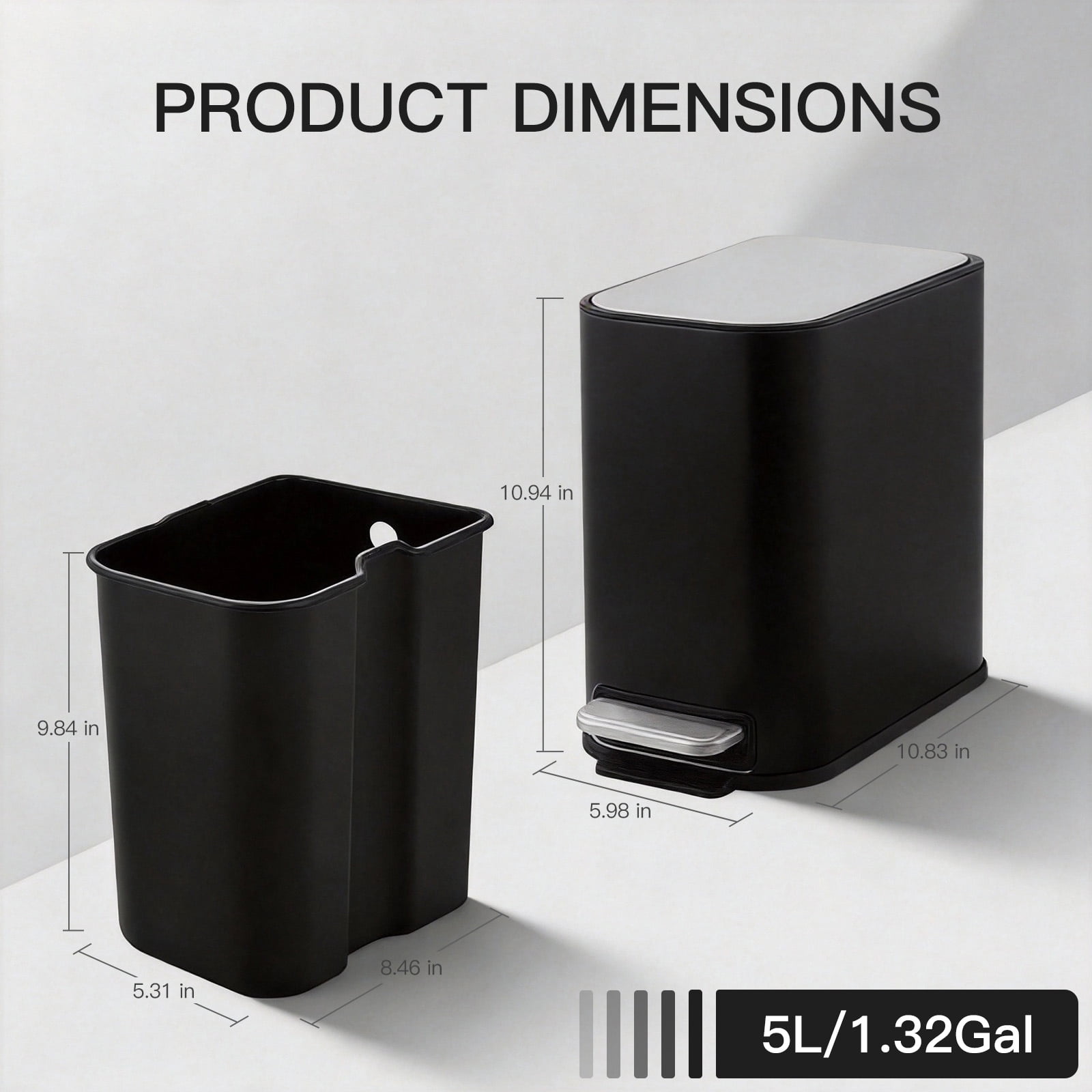 Bathroom Trash Can, 1.3 Gallon (5 L) Small Trash Bin with Lid, Slim for Small Spaces, Stainless Steel Garbage Can, Soft Close, for Home and Office
