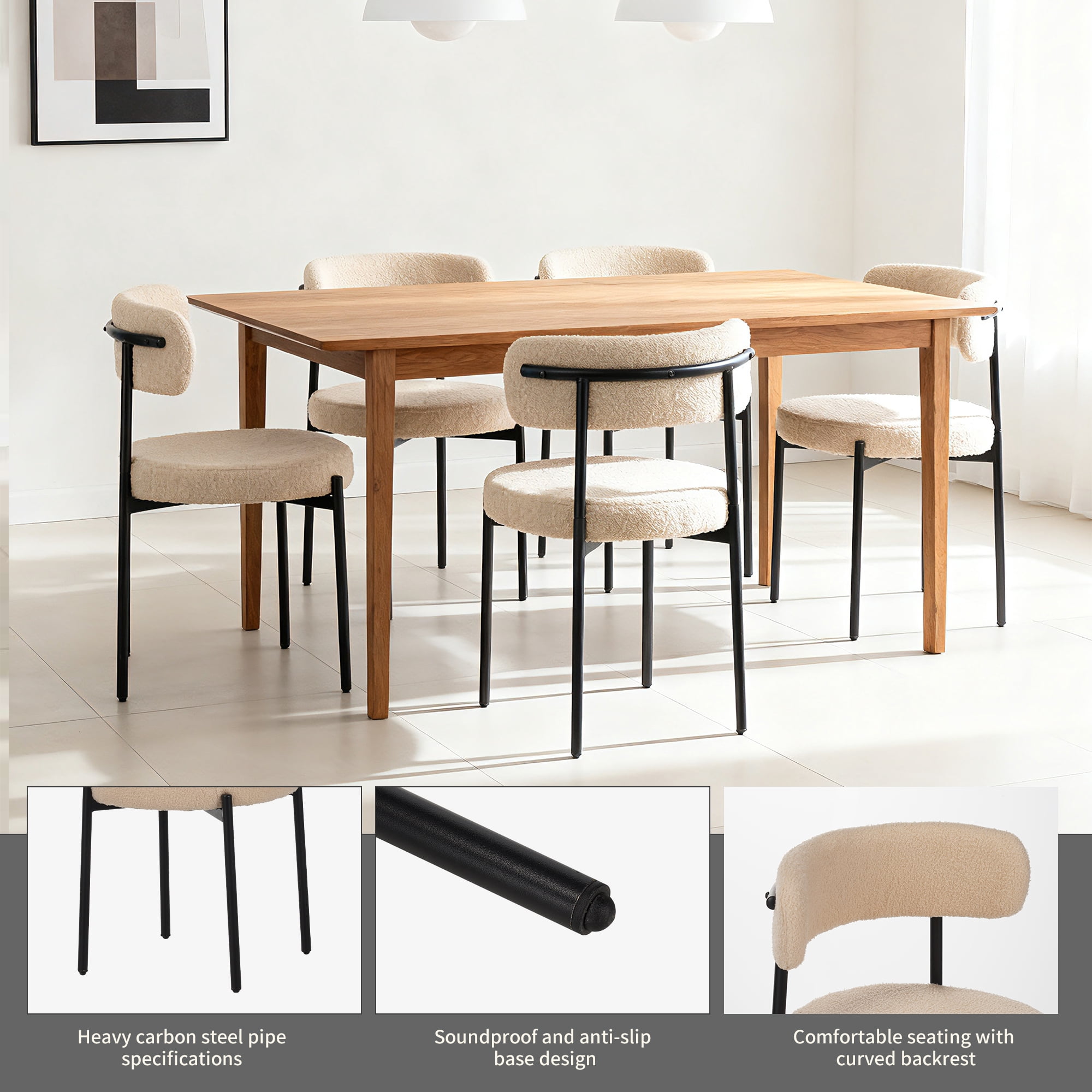 Medieval Modern Dining Chair Set of 4, Round Seat Cushions Black Metal Legs Curved Back, for Restaurants Dining Rooms Kitchen Home, Easy to Assemble, Beige