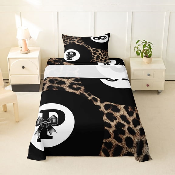 Feelyou Leopard Print Bow Letter P Twin Sheets, Black Brown Lucky Billiards Bedding, 3 Pieces, 1 Flat Sheet, 1 Fitted Sheet and 1 Pillowcase