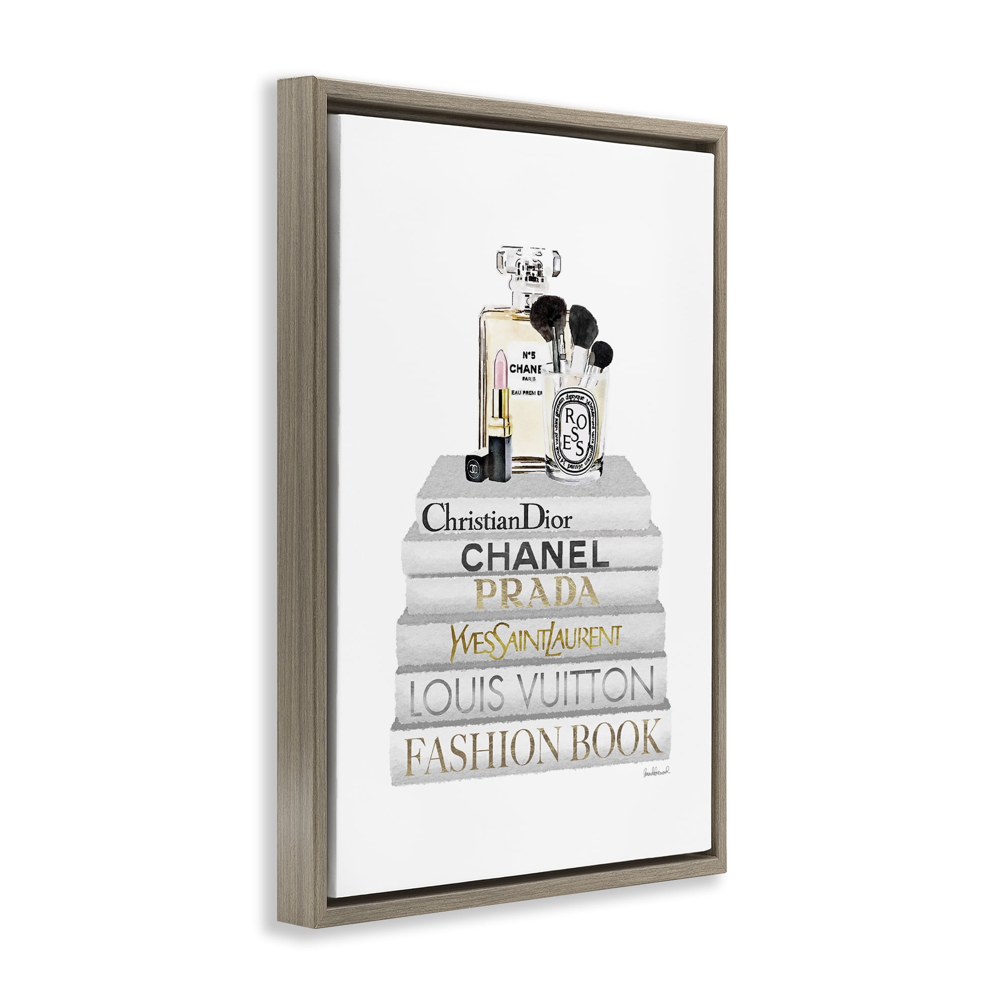 Stupell Industries Neat Bookstack with Makeup Fashion Painting Brown Floater Framed Canvas Art Print Wall Art, 17 x 25