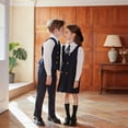 thumbnail image 6 of HAYIMI Child Girls Outfit Sets Solid Color School Dress Elegant Back Zip Knee Length Outfit With Lapel Shirts With Bowtie Clothes Sets , Navy, 6 of 8