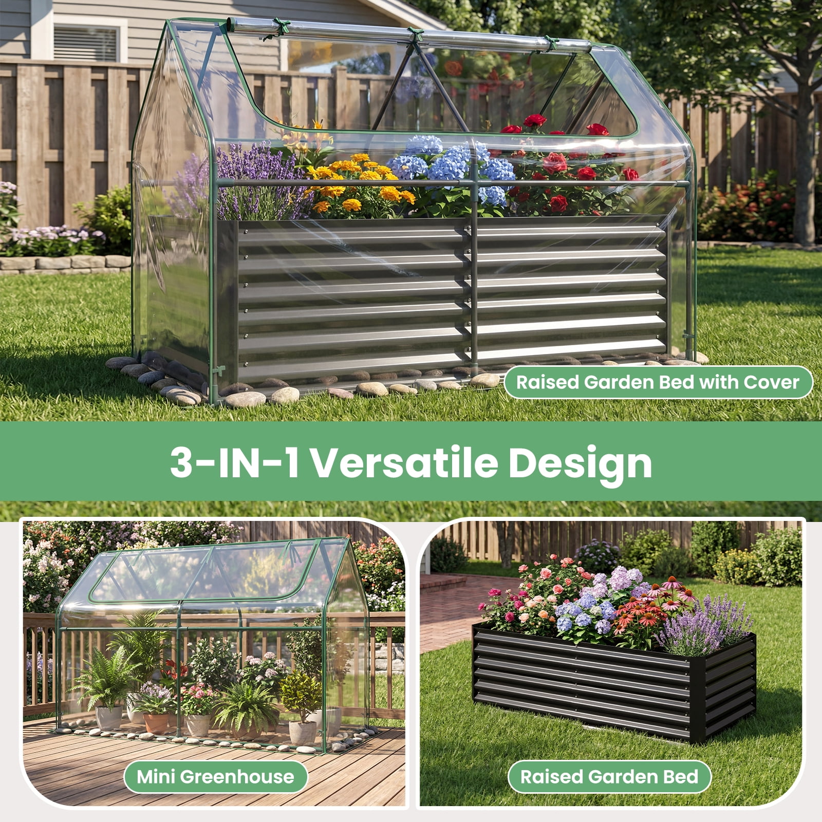 Gymax Raised Garden Bed w/ Cover 68'' x 33'' x 21'' Planter Box w/ Mini Greenhouse Black & Clear