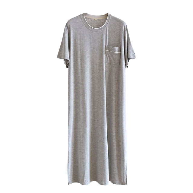Short Sleeved Nightgown for Men, Loose Straight Tube Fit, Mid-Length Home Wear, Breathable Polyester, Solid Color, Round Neck