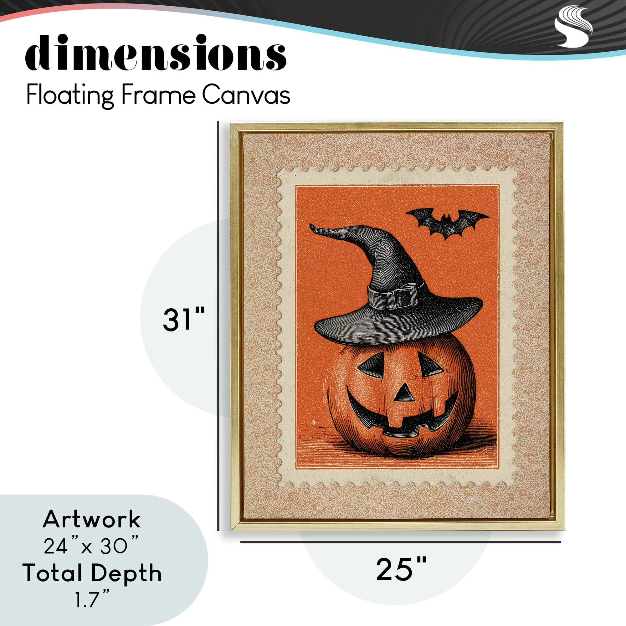 Vintage Jack-o-Lantern Stamp Gold Framed Floater Canvas Wall Art, design by Arlington Prints