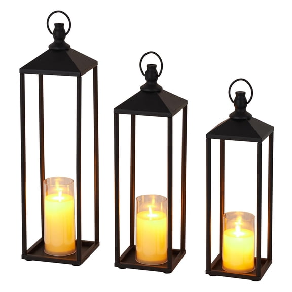 Ataucjin 17" 19" 22" Large Metal Black Candle Lanterns Set with Flameless LED Candles, Decorative Outdoor Indoor Lanterns for Patio Porch Garden Home Floor Decor, Halloween Christmas Decorations