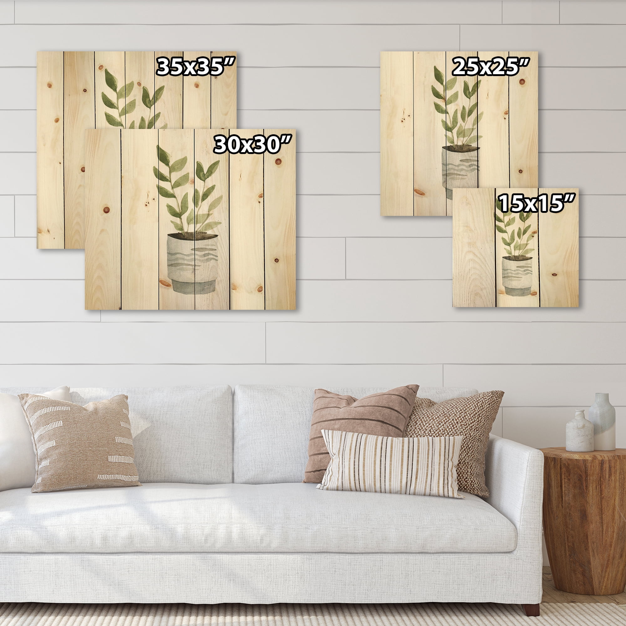 Designart 'Indoor Green Home House Plants in Pots II' Traditional Print on Natural Pine Wood