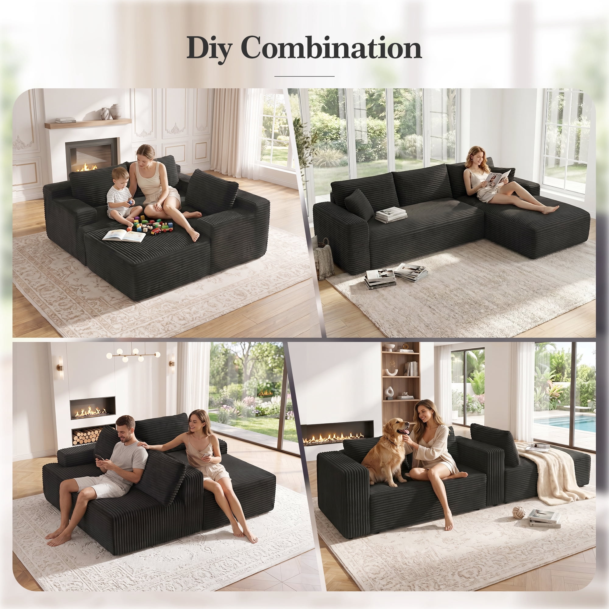 Aukfa 107" Boneless Modular Sectional Sofa, L-Shaped Corduroy Couch with Deep Seat and Right-Facing Chaise for Living Room, Black