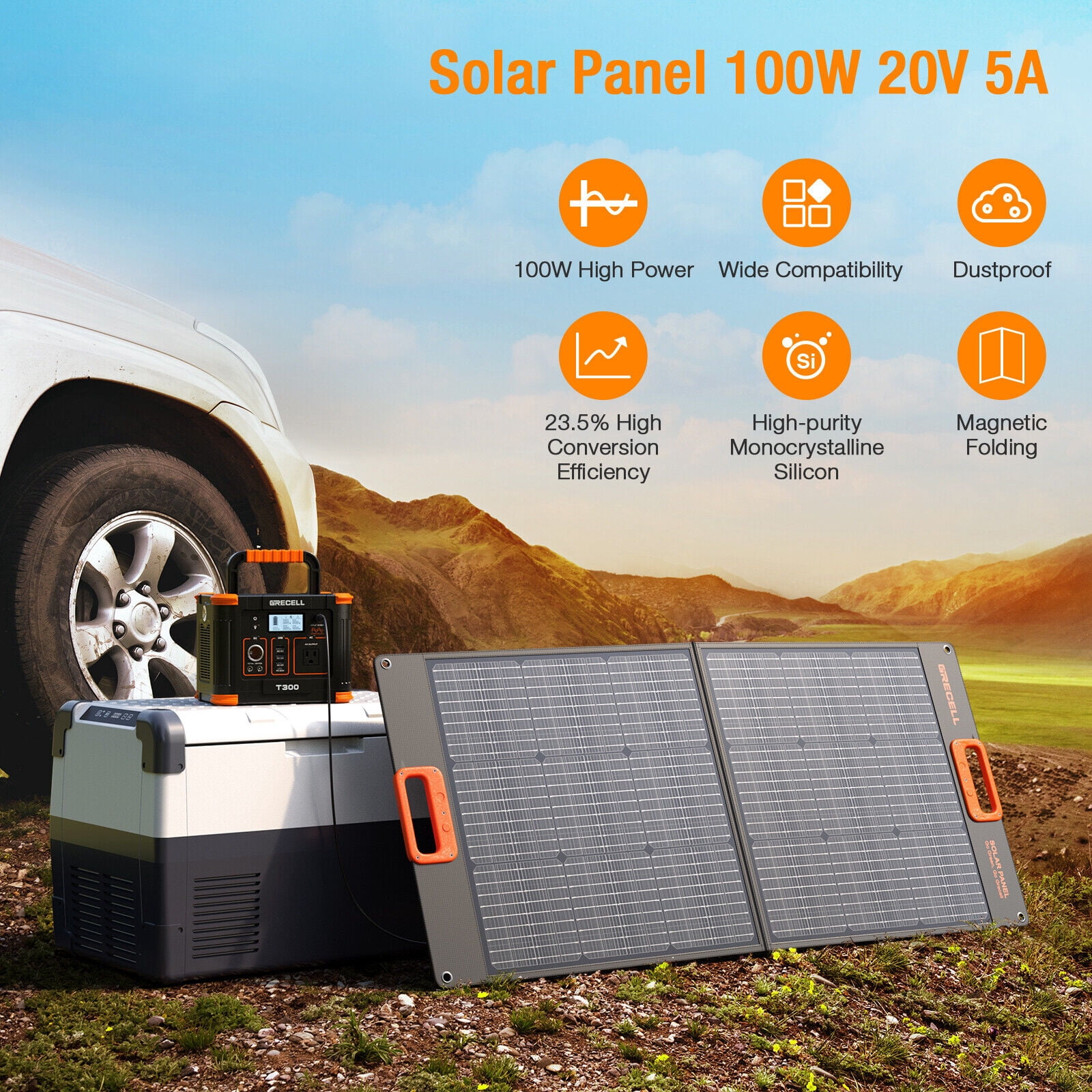 GRECELL Portable Foldable Solar Panel Charger for Power Station Generator 100W 20V Monocrystalline
