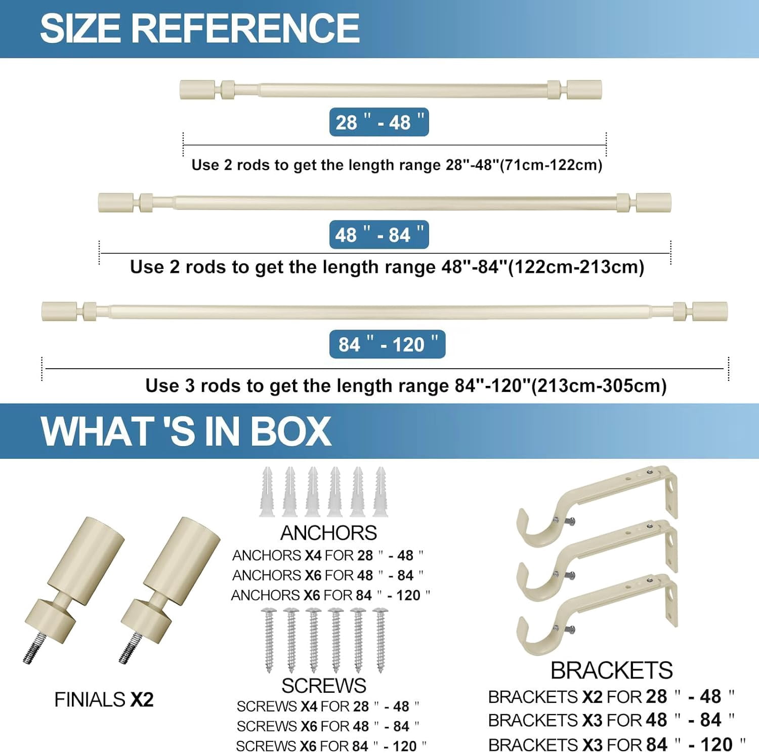 Urbanest Adjustable Single Curtain Rod Set Sullivan Finials – 1 - Inch Diameter, With French White Rod, 28–48 Inches