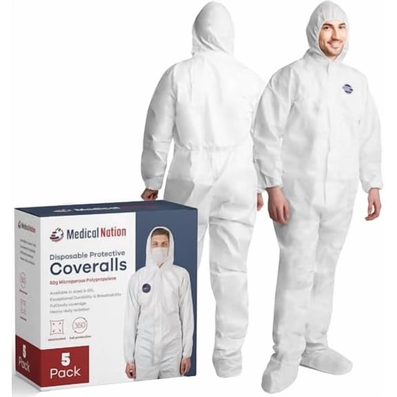 Medical Nation Disposable Hazmat Suit with Hood and Boots, 4XL, Heavy-Duty, Breathable & Water-Resistant Coverall, White, 5-Pack