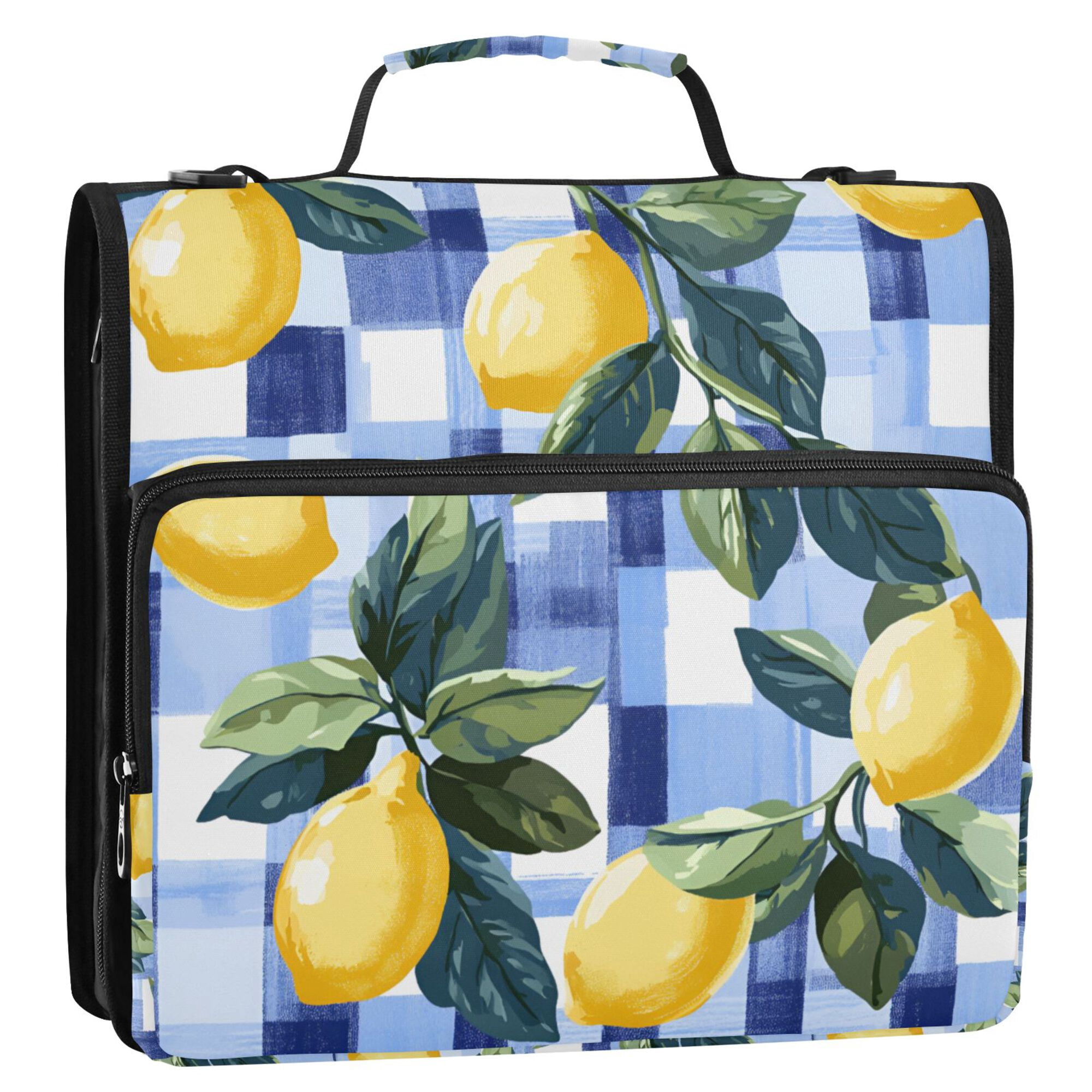 FORMRS Zipper Binder with Shoulder Strap 2-inch Ring 500 Sheet Capacity File Bag, Cartoon Lemon Leaves
