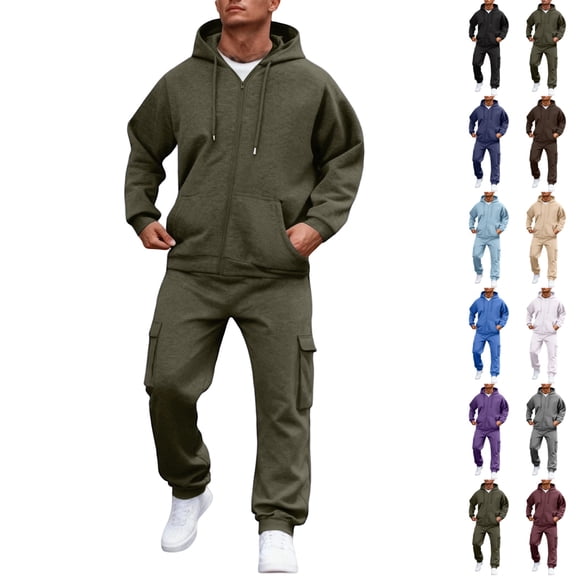 GrmtClth Men's Hoodies Two Piece Sweatsuit Full Zip Drawstring Hood Top Cargo Jogger Pants Multi Scenario Vacation Daily Wear Set Army Green XL