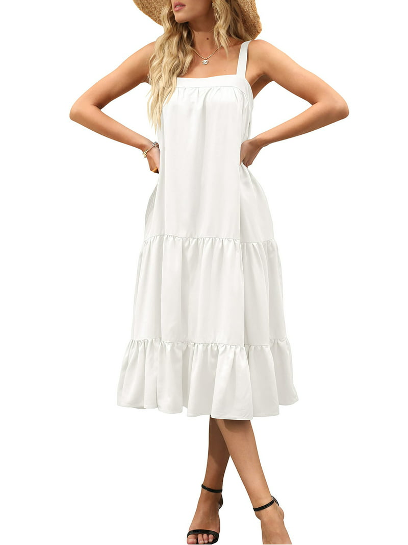 Women's Adjustable Thick Straps Sleeveless Ruffles Tiered Maxi Dress Beach Dress Pockets - Walmart.com