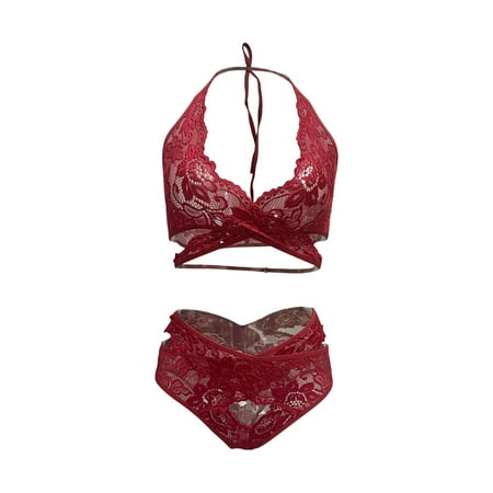 

Aoochasliy Deals Christmas Lingerie for Women Fashion Fishnets Lace Flowers Hollow Sexy Halter Neck Mesh Open Crotch Panties Suit