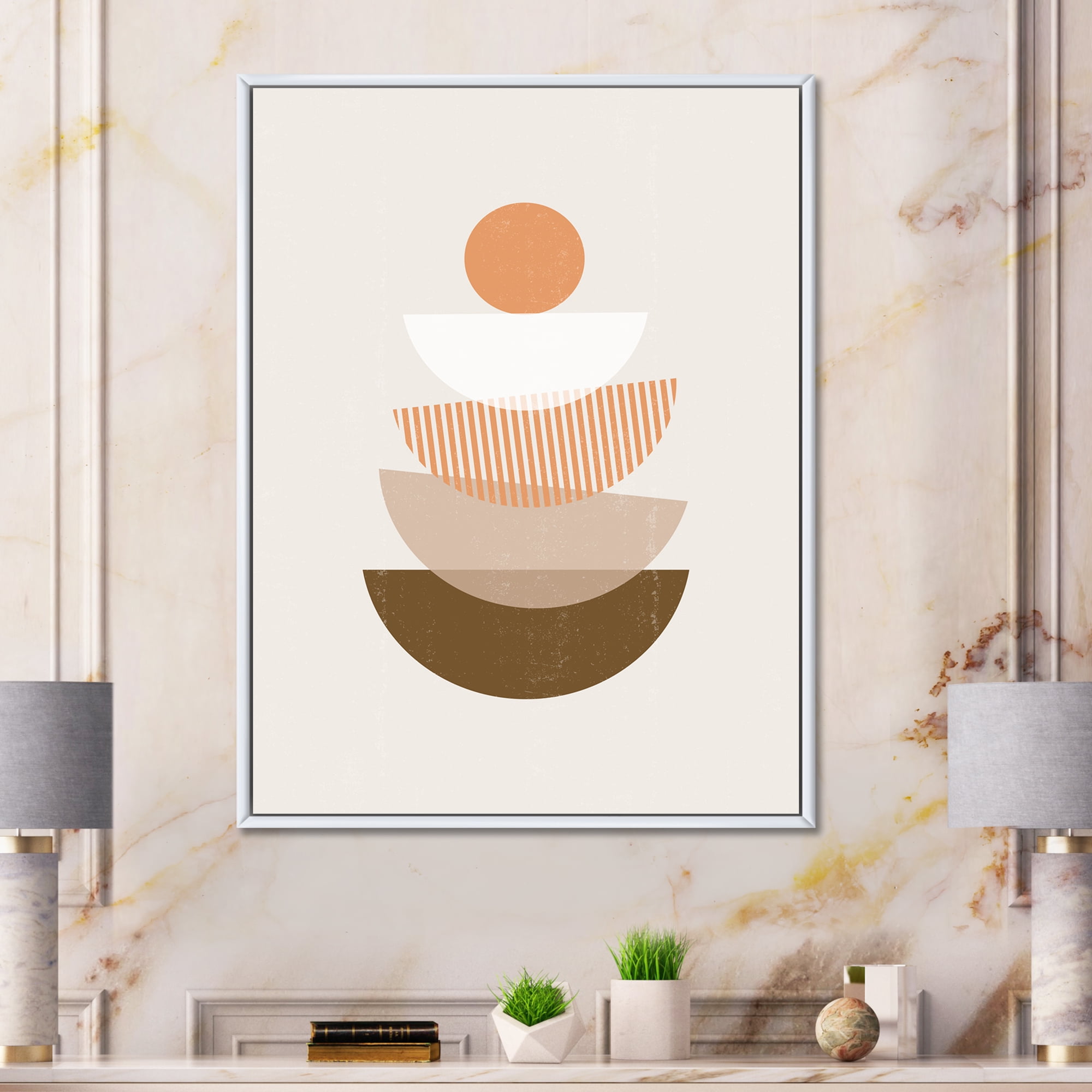 Designart 'Abstract Moon and Sun Geometrics In Terracotta I' Modern Framed Canvas Wall Art Print