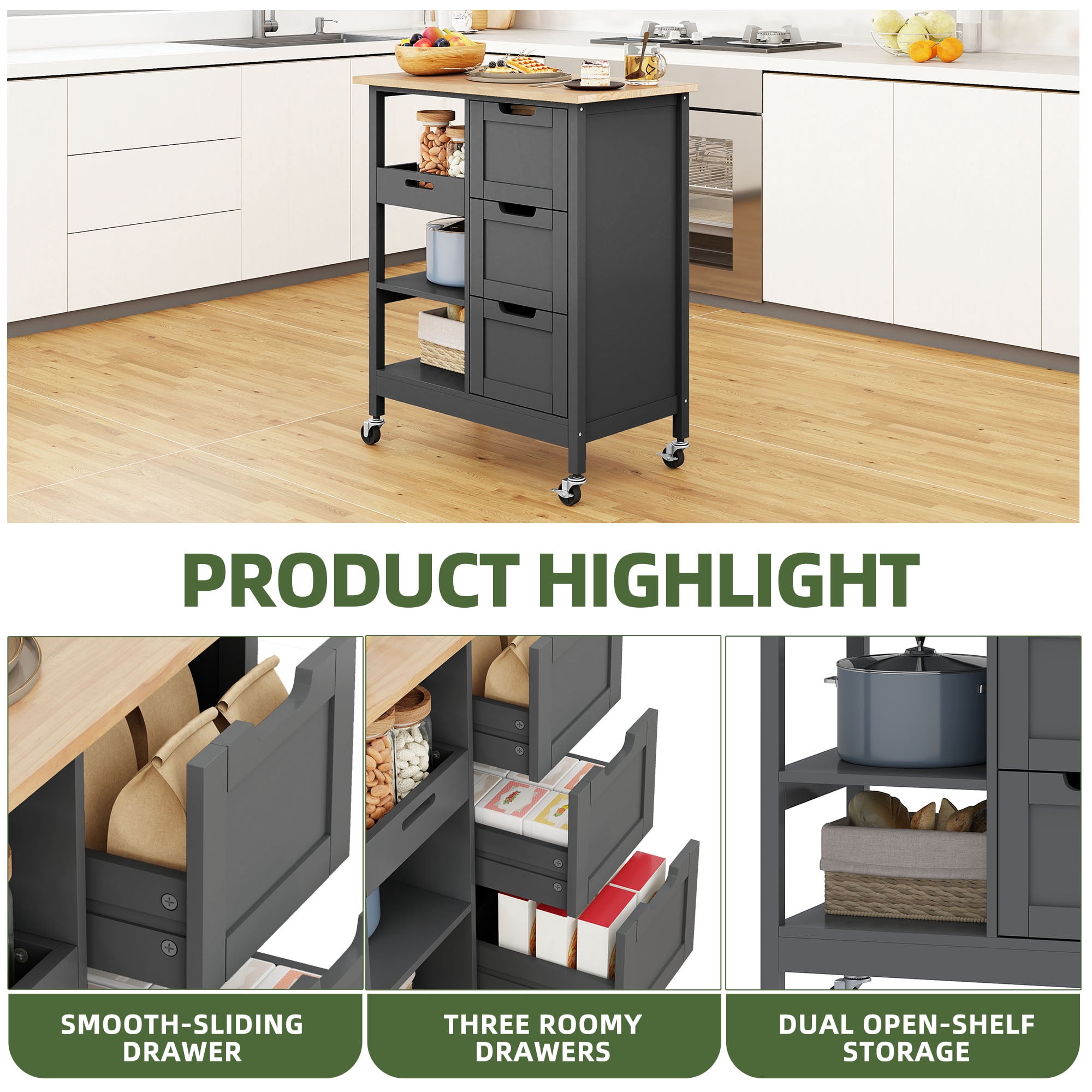 Uforic Kitchen Storage Cart with Drawers & Open Shelves, Rolling Kitchen Island, Gray