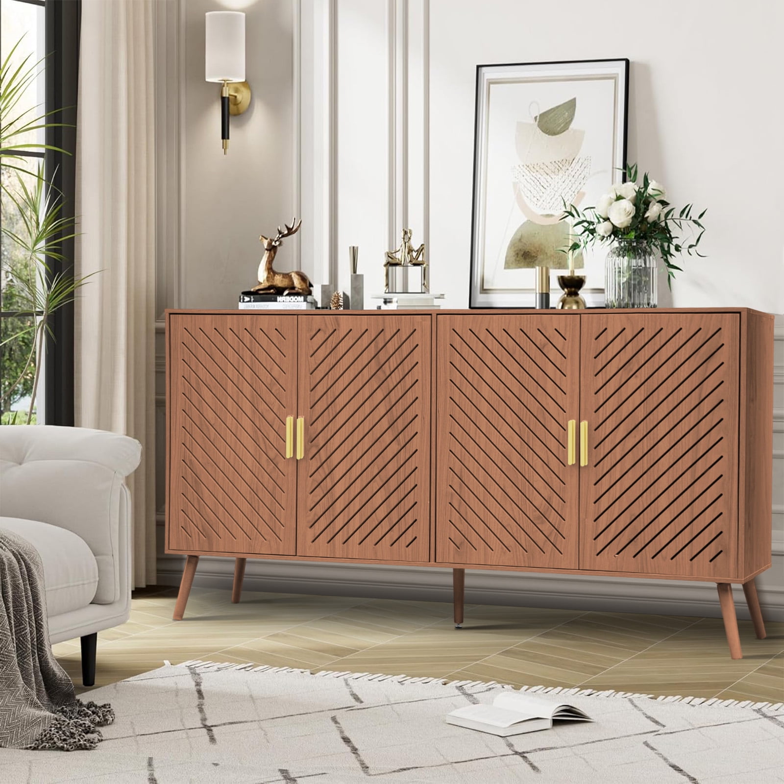 Yeulluey Storage Cabinet with 4 Doors, Kitchen Buffet Sideboard Cabinet,Wood Storage Organizer for Kitchen, Living Room, Dining Room, Brown