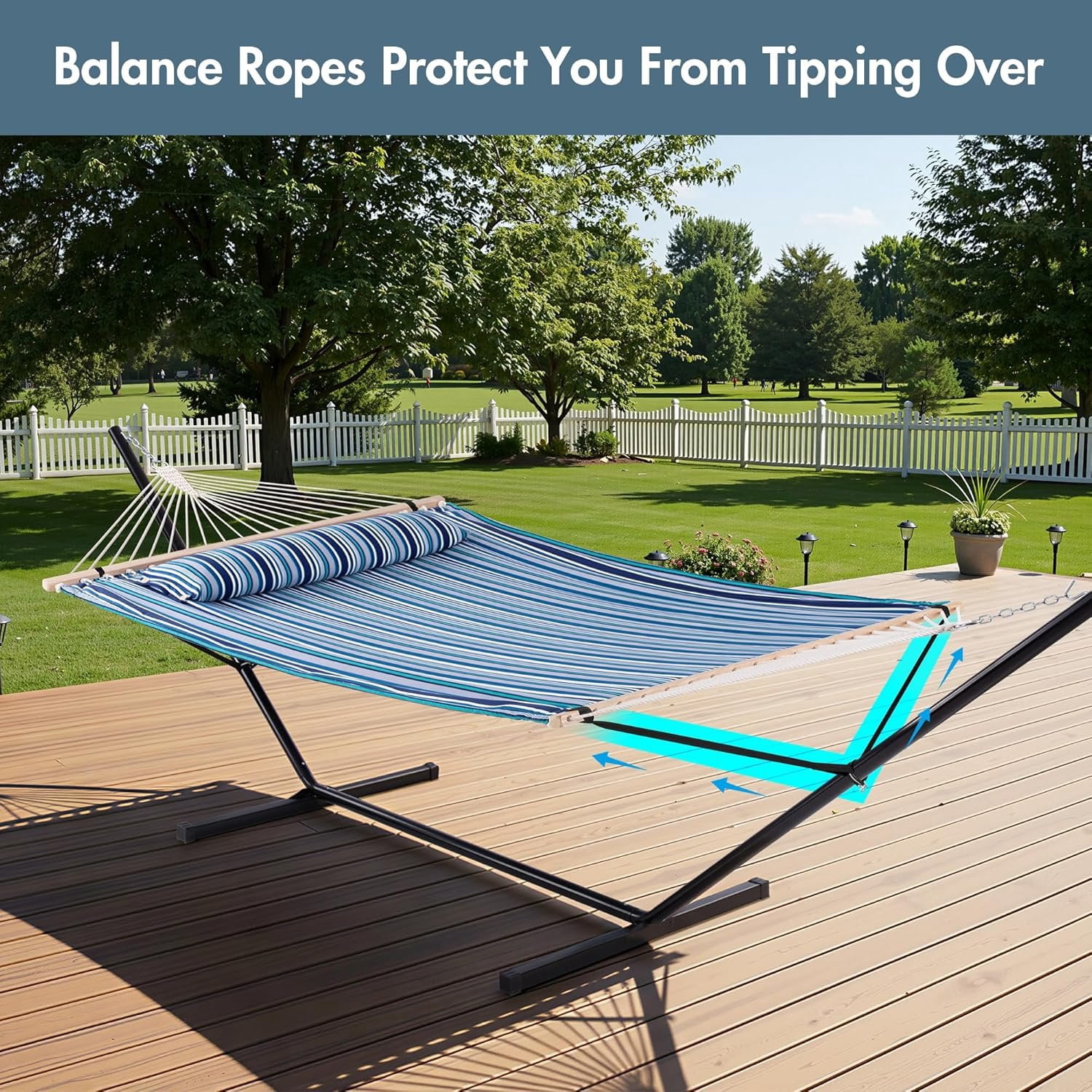 Double Hammock with Stand 12FT, Heavy Duty Hammock with Stand for Outdoors, 450 LBS Weight Capacity, Blue Stripes