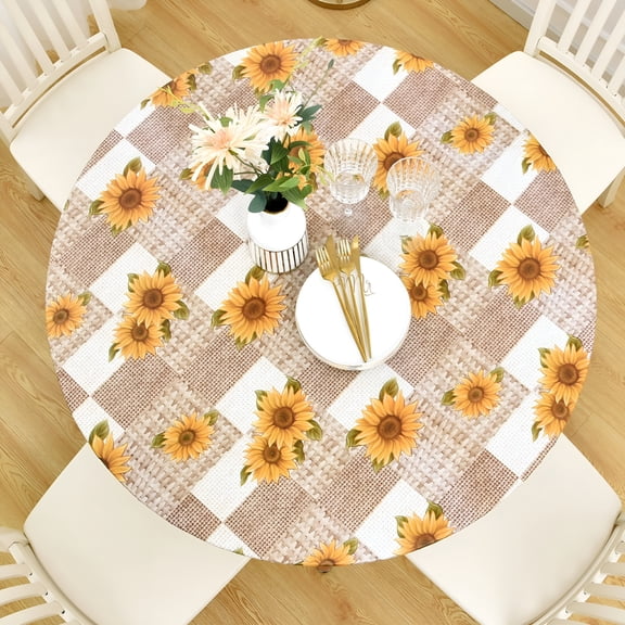 AUQ 2026 New Indoor Outdoor Patio Round Fitted Vinyl Tablecloth,Flannel Backing,Elastic Edge,Waterproof Wipeable Plastic Cover in Sunflowers Pattern for 5-Seat Table of 36-42ββ Diameter