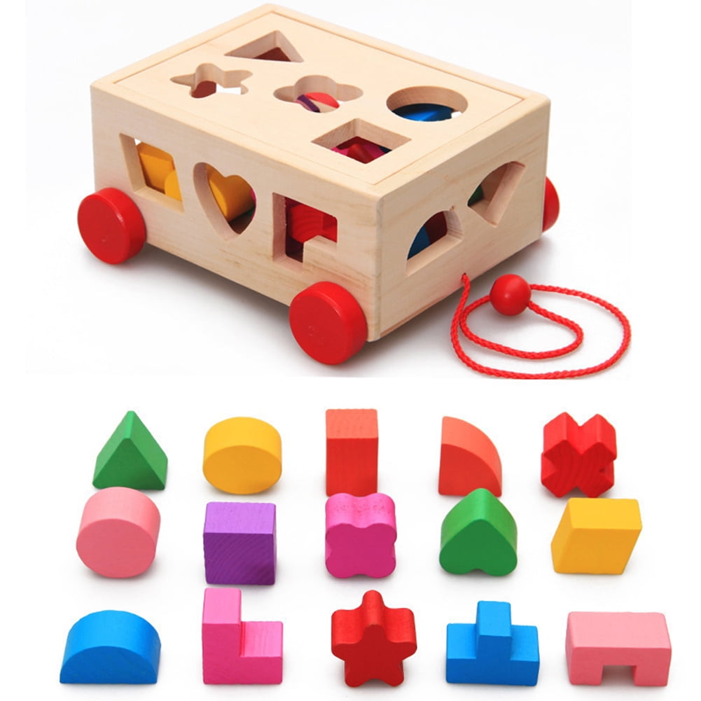 Wooden Shape Sorter Bus Pull Truck Toy Toddlers Baby Math Alphabet Learning 