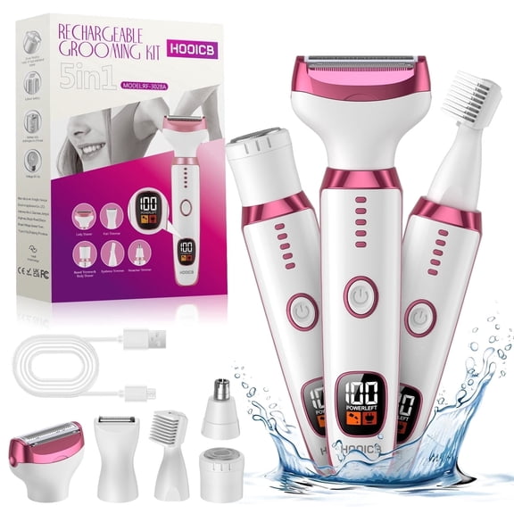 HOOICB Electric Razor for Women, 5 in 1 Rechargeable Cordless Bikini Trimmer, Shaver for Women, Pink