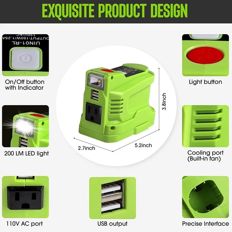 150W Powered Inverter Generator for Ryobi 18V Li-ion Battery  with USB LED Light