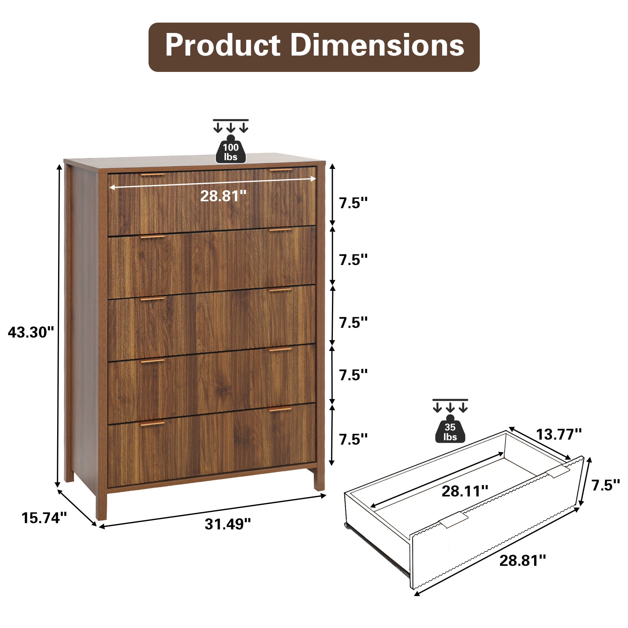Weselon 5 Drawer Fluted Dresser for Bedroom, Modern Closet Chest of Drawers with Waveform Panel, Wood Storage Dresser Organizer, Walnut