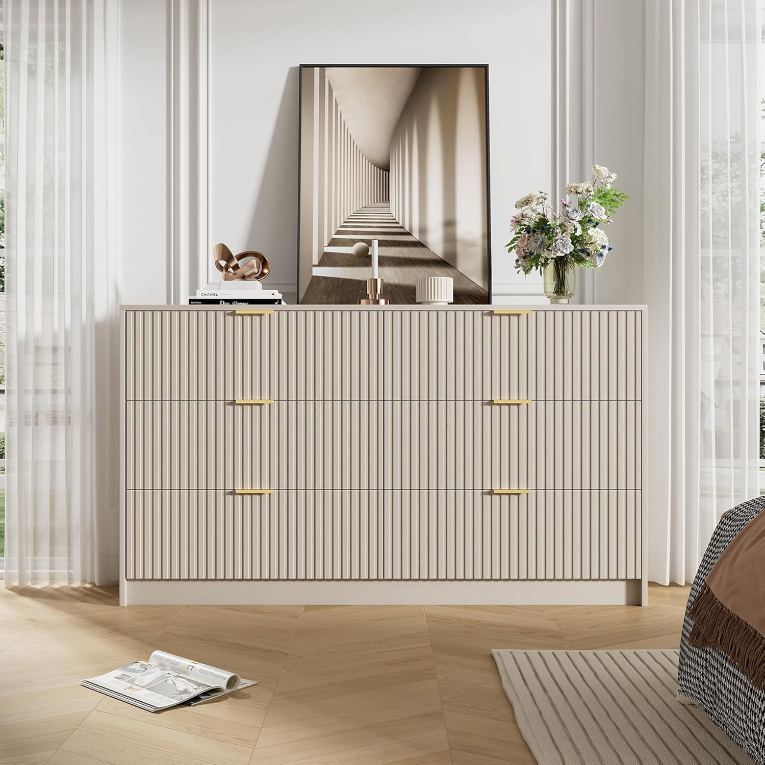 FURNIWAY Beige 6 Drawer Dresser for Bedroom, 55 Inch Wide Modern Chest of Drawers with Fluted Wood Front and Gold Metal Handles for Living Room Hallway