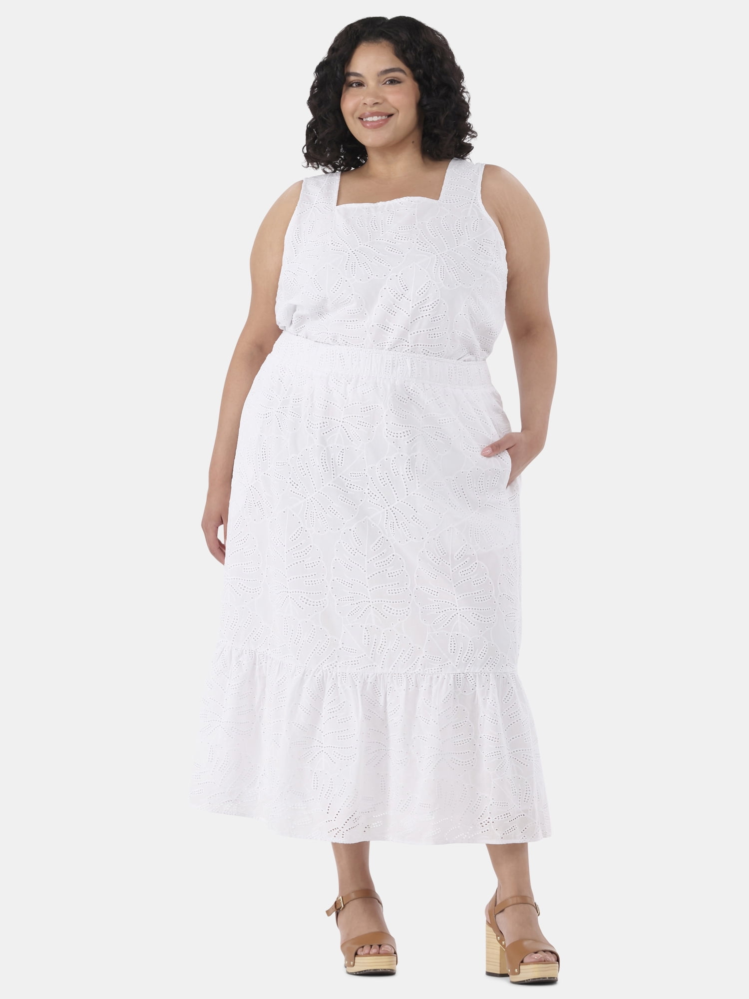 Time and Tru Women's Cotton Eyelet Tiered Midi Skirt with Elastic Wasitband, XS-XXXL, 1X-4X