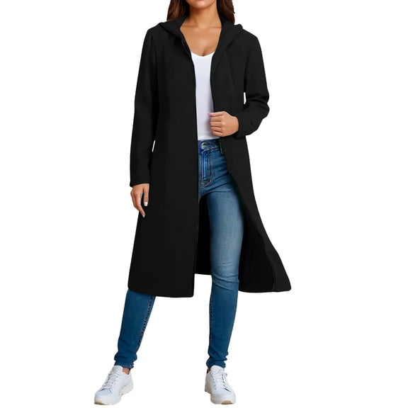 Women's Plus Size Hooded Jacket, Fashion Casual Long Sleeve Solid Color Outerwear, Warm Cozy Daily Coat, Black, L