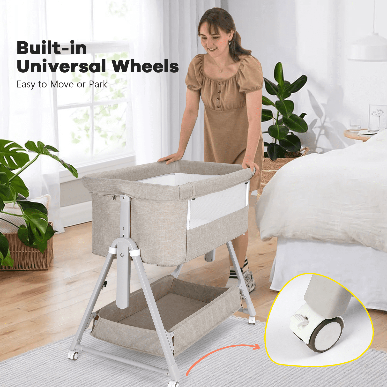 Cowiewie Baby Bassinet, Portable Bedside Bassinet with Wheels, Storage & Travel Bag, for 0-6 Months, Brown