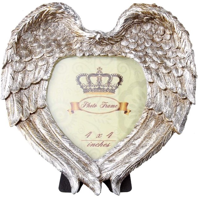 Marco de fotos con alas de ángel y corazón de amor plateado, decorativo, con vidrio de alta definición para exhibir fotografías en la mesa o en el escritorio, 4 x 4