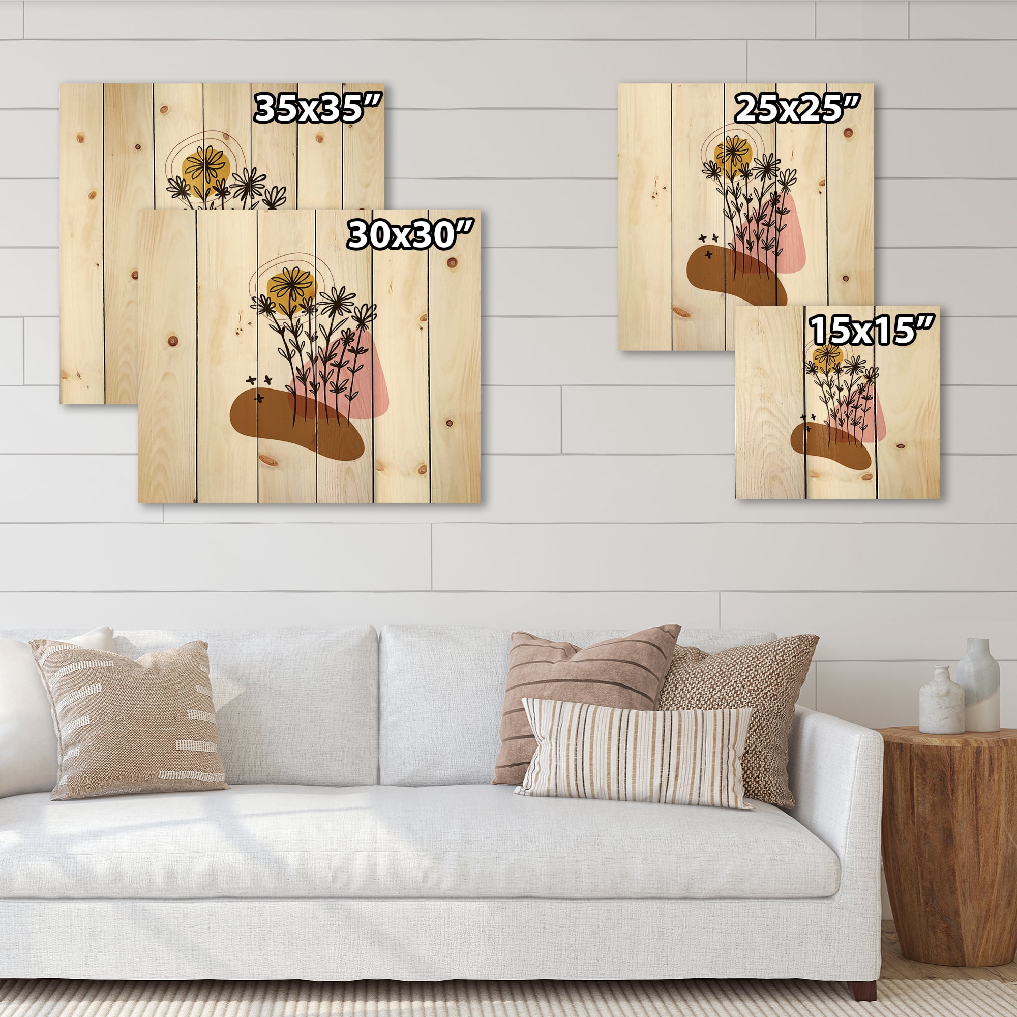 Designart 'Abstract Flowers Plants With Elementary Shapes I' Modern Print on Natural Pine Wood
